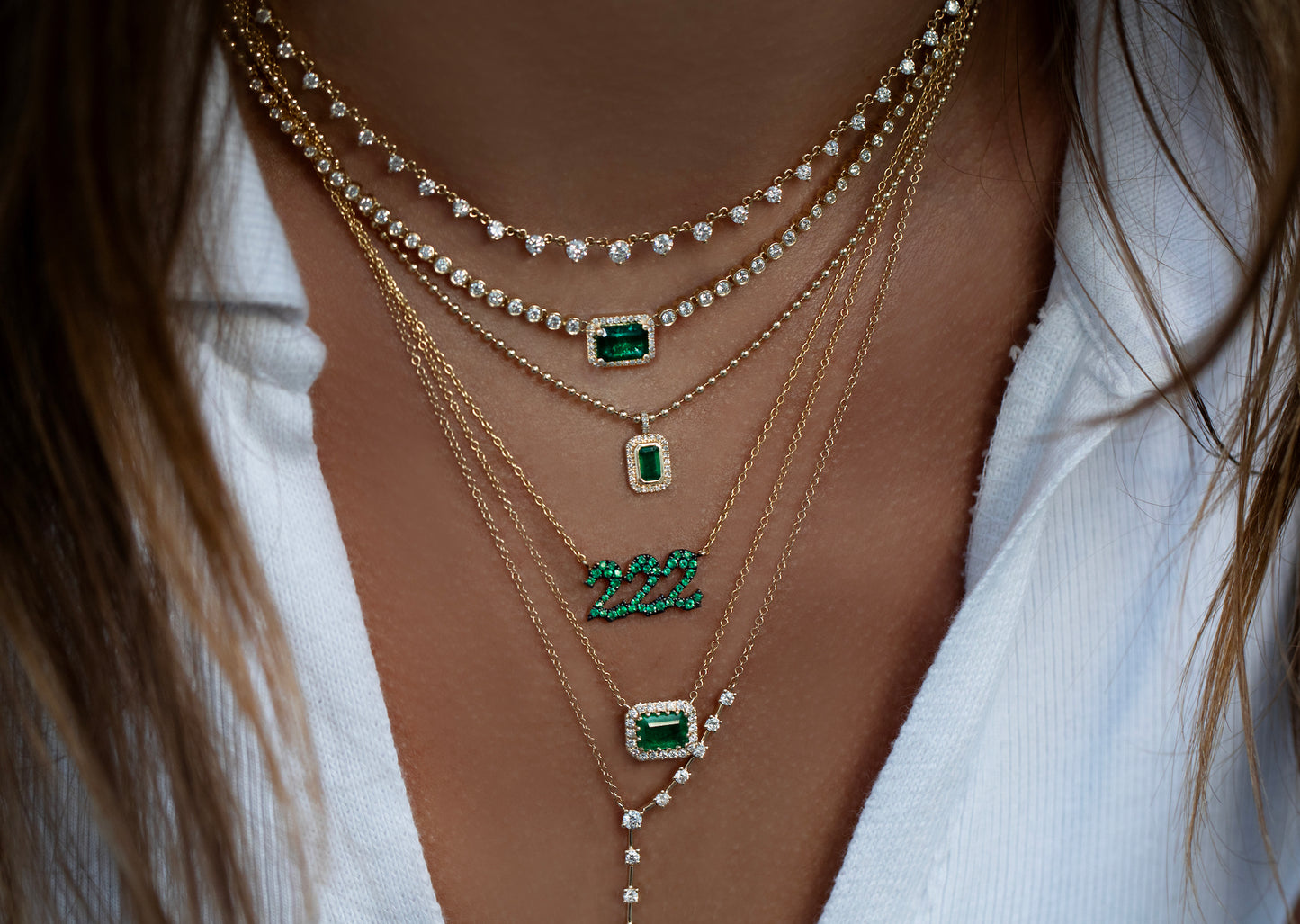 14kt gold and diamond mini emerald cut emerald necklace on ball chain