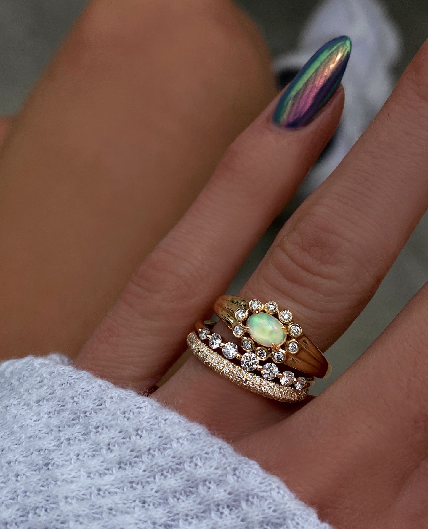 14kt gold and diamond opal bezel baby burst ring