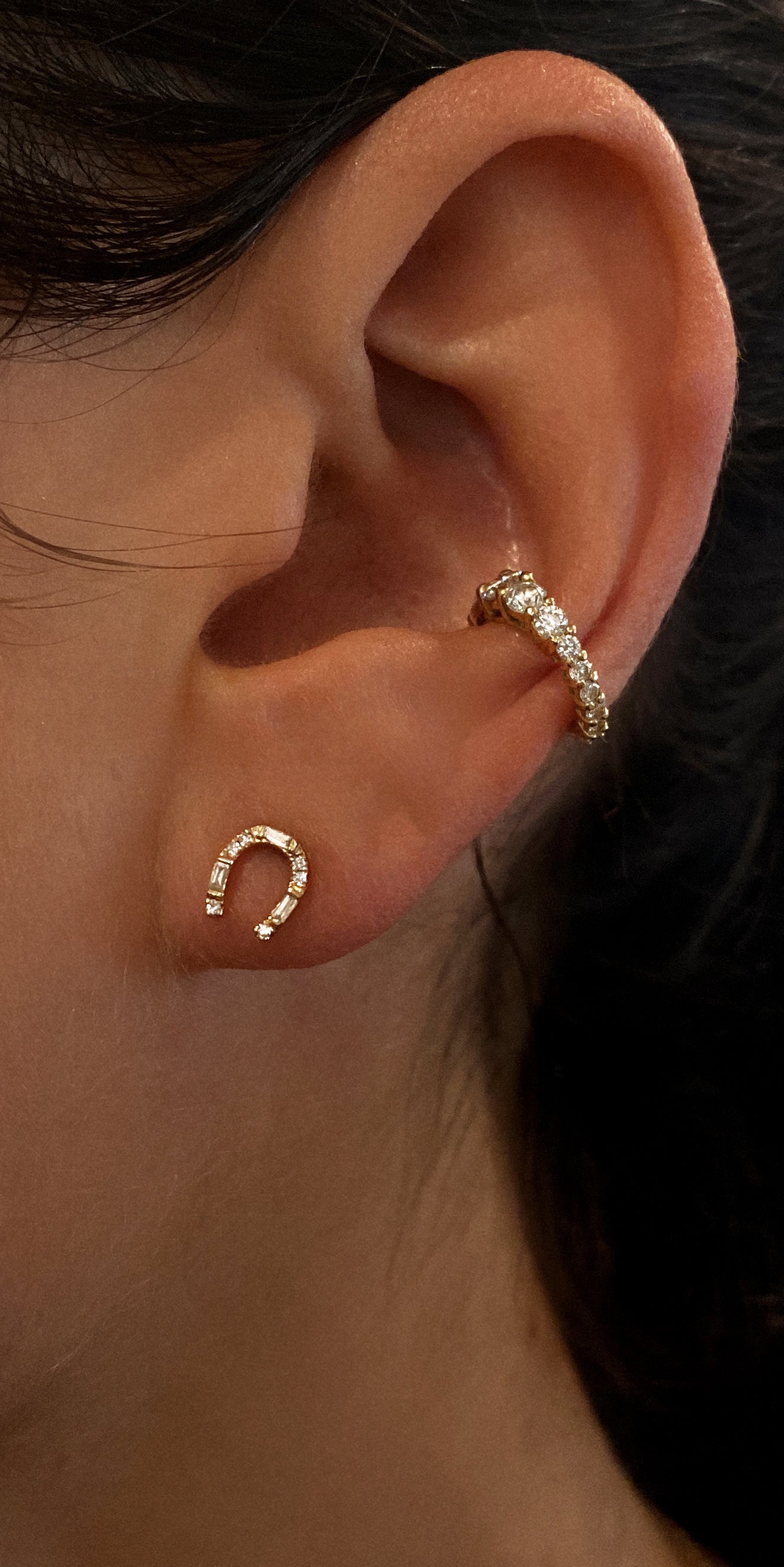 14kt gold and diamond GOOD LUCK mini horseshoe studs