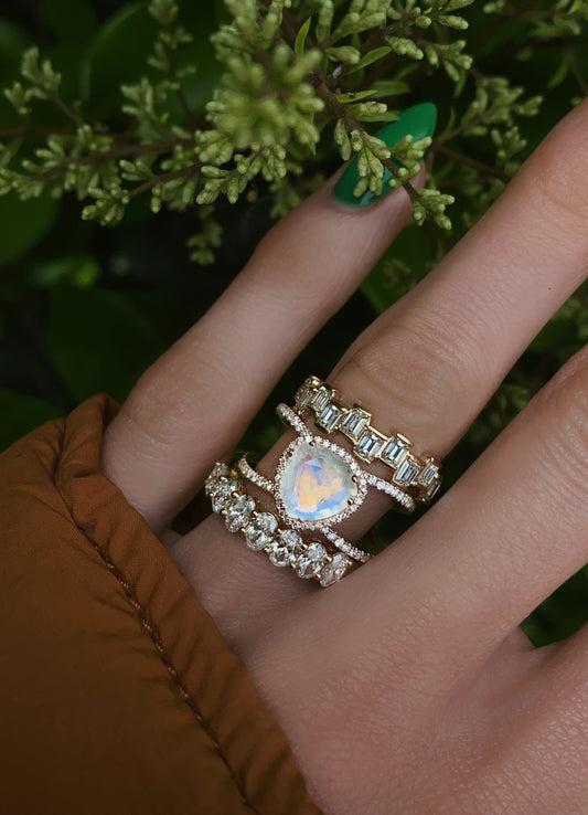 14kt gold and diamond Petite Triangle Double Band Moonstone ring