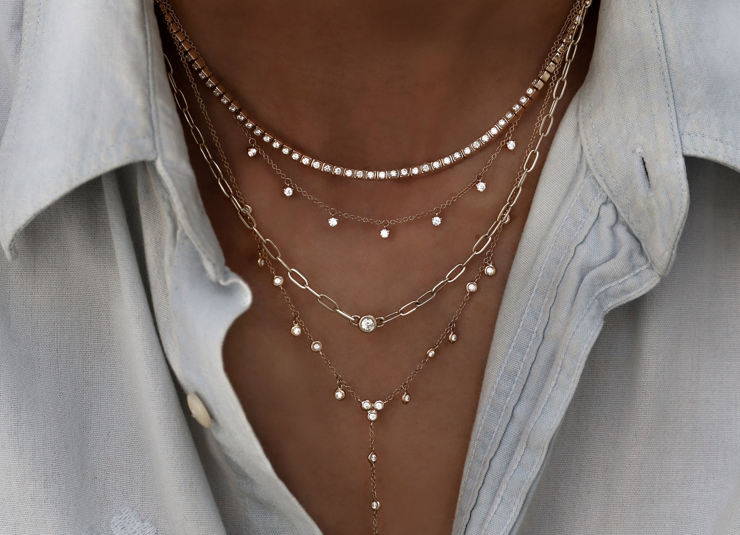 14kt gold paperclip diamond bezel necklace