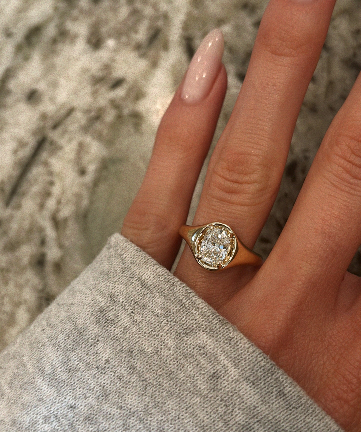 14kt gold cushion diamond button ring