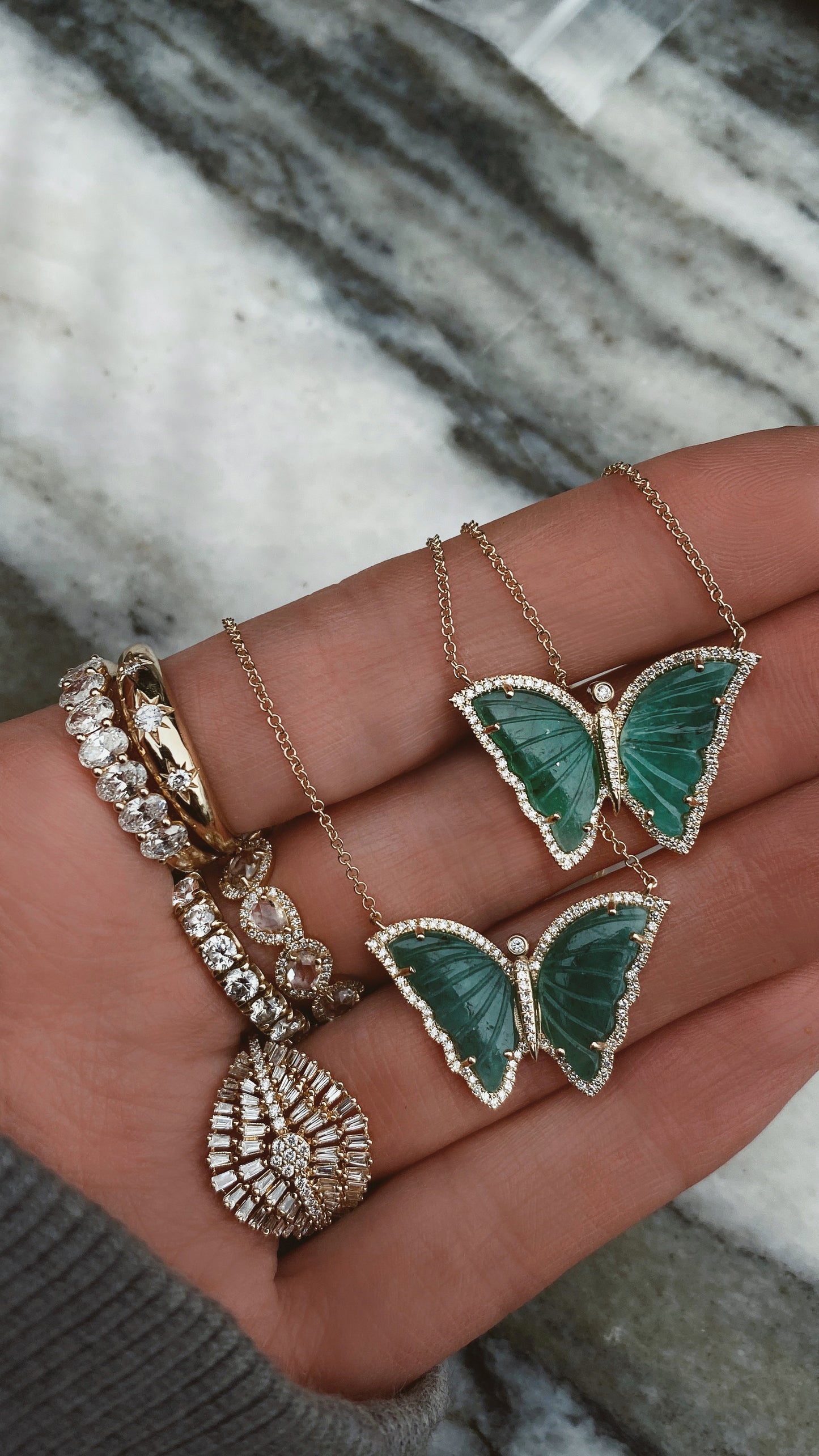 14kt yellow gold and diamond emerald baby butterfly necklace