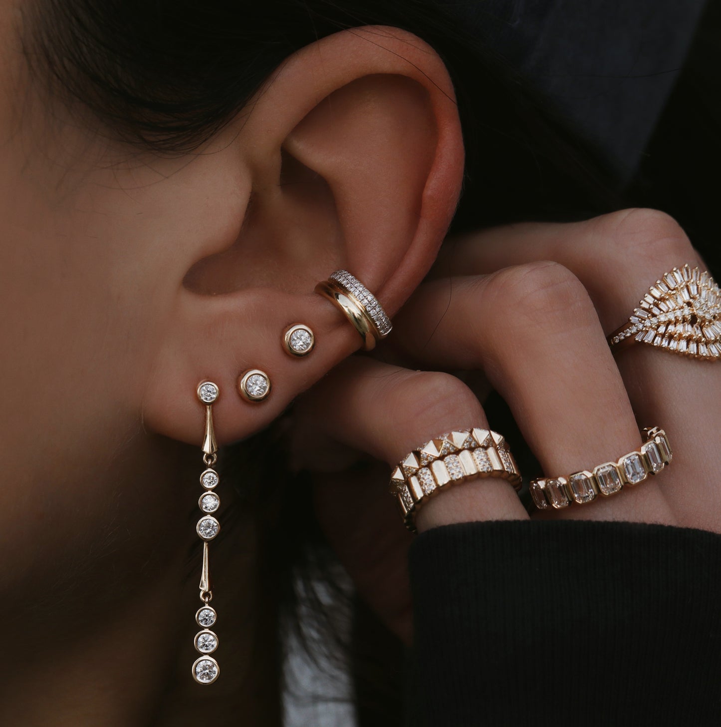 14kt gold graduated diamond bezel drip earrings
