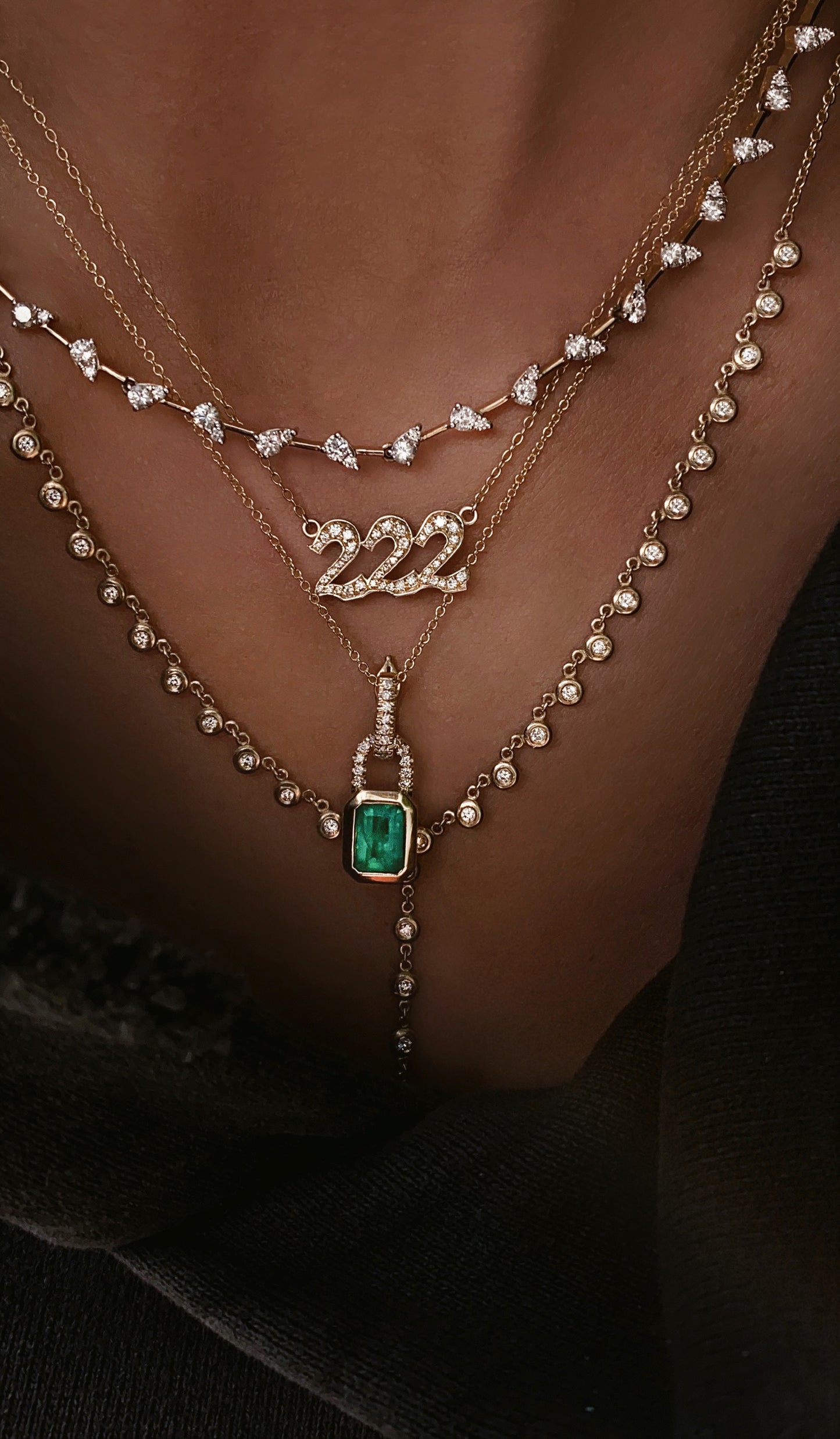 14kt gold and diamond emerald love lock necklace
