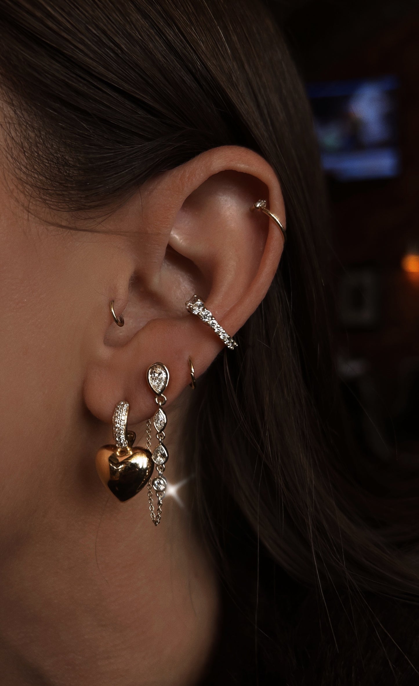 14kt gold and diamond puffed heart drop studs