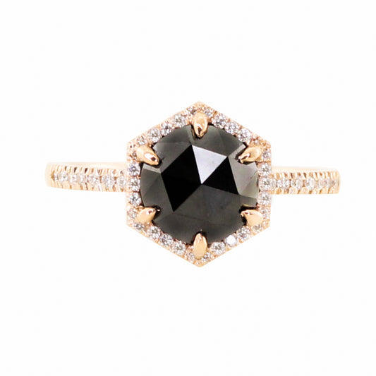 14kt gold rose cut black diamond single band hex ring