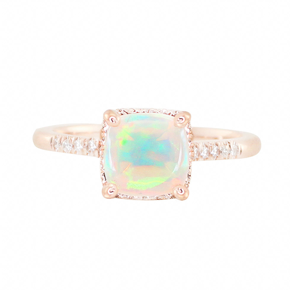 14kt gold and diamond solitaire cushion opal ring