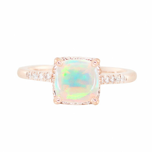14kt gold and diamond solitaire cushion opal ring