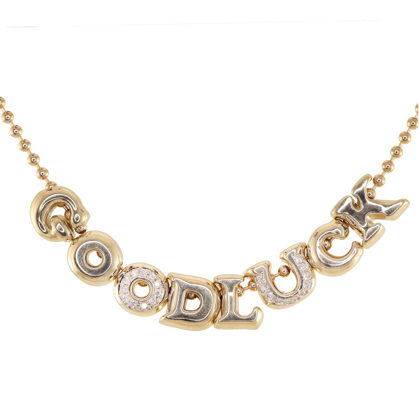 14kt gold diamond GOOD LUCK necklace on ball chain