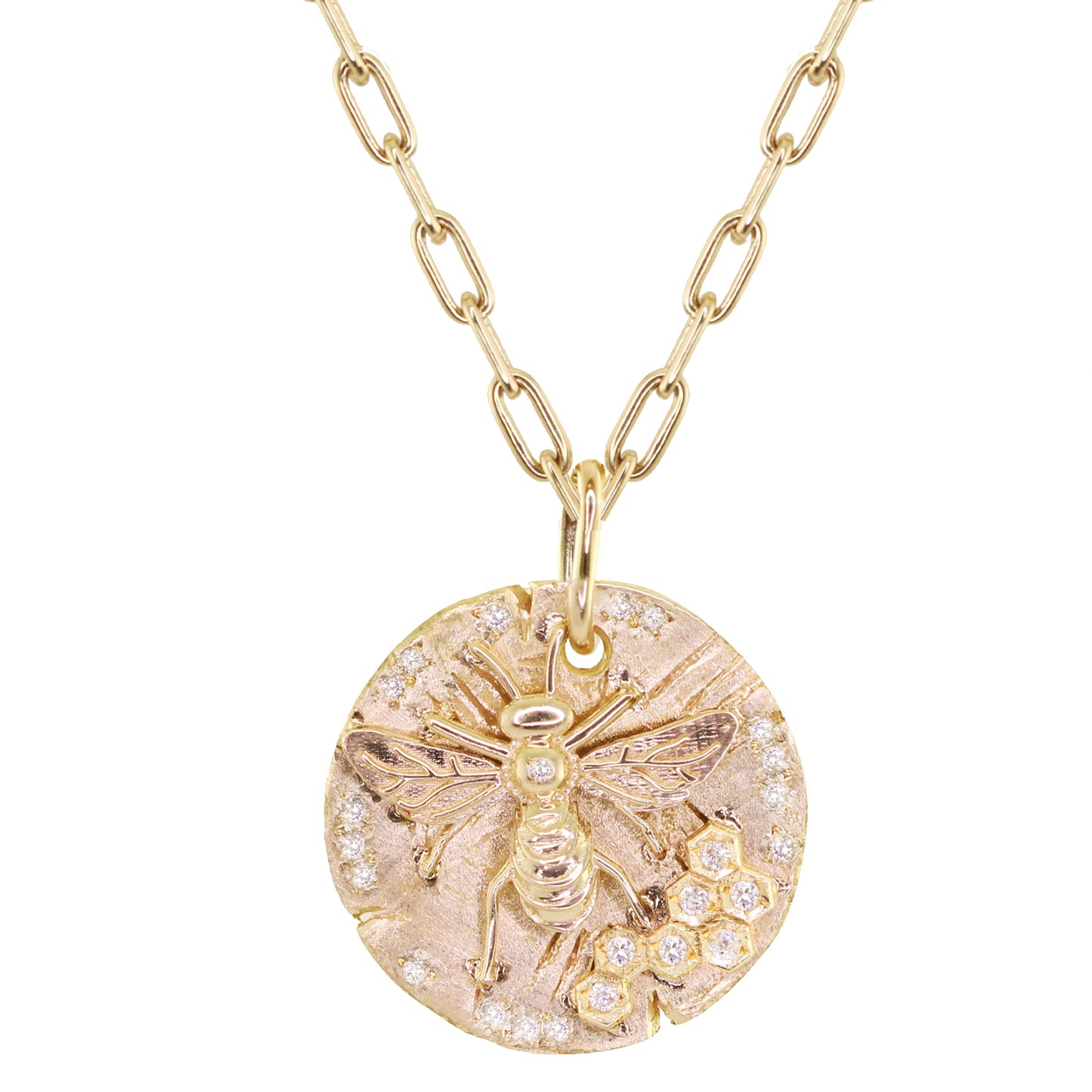 14kt gold and diamond honey bee coin necklace