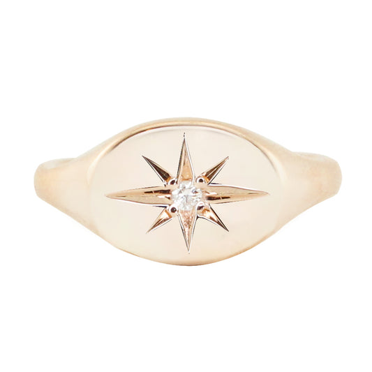 14kt gold and diamond horizontal starburst signet ring