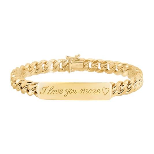 14kt gold hand engraved cuban chain love note bracelet