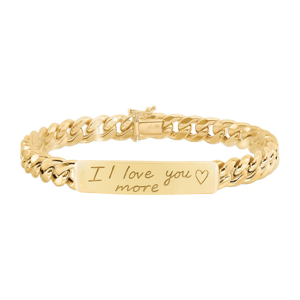 14kt gold hand engraved cuban chain love note bracelet