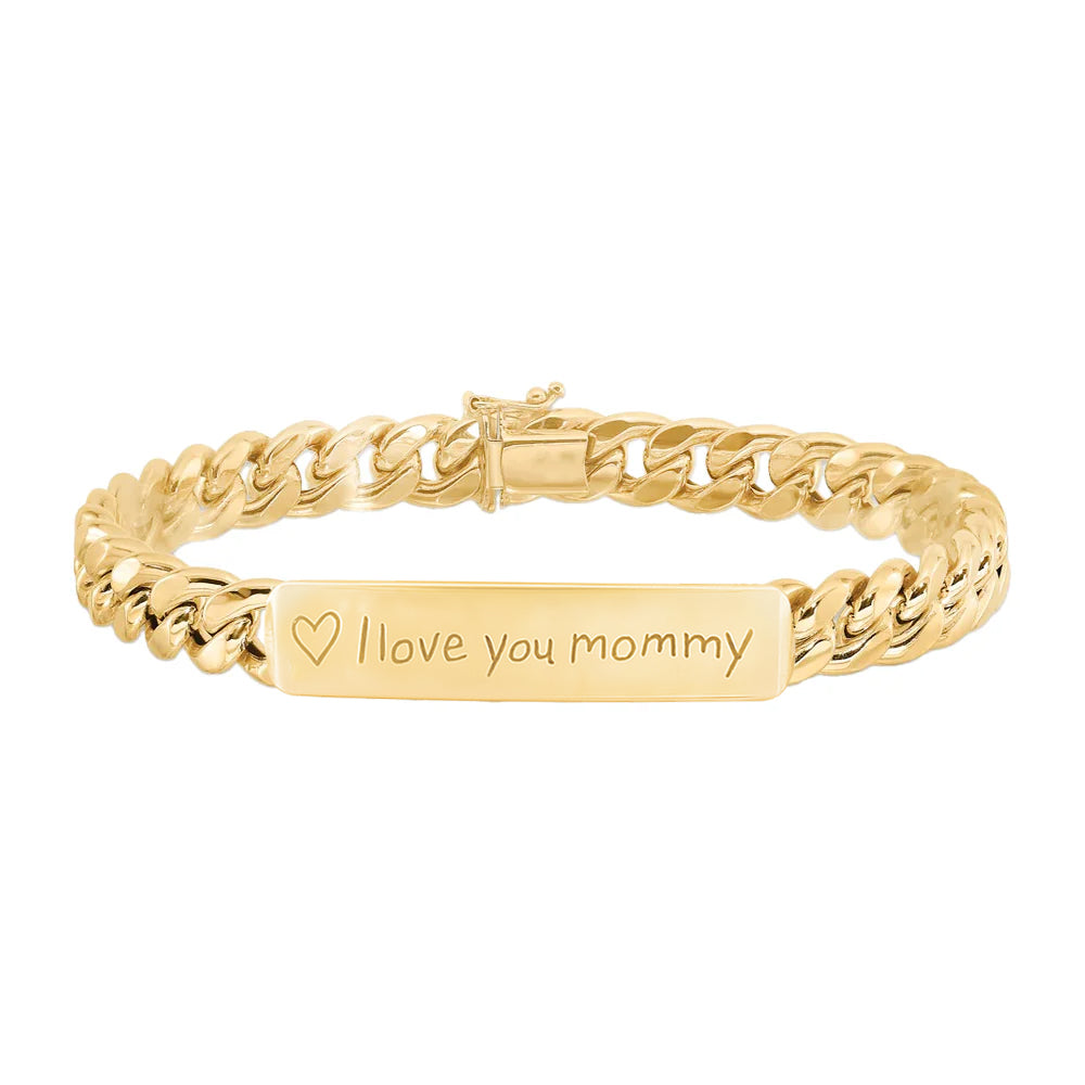 14kt gold hand engraved cuban chain love note bracelet