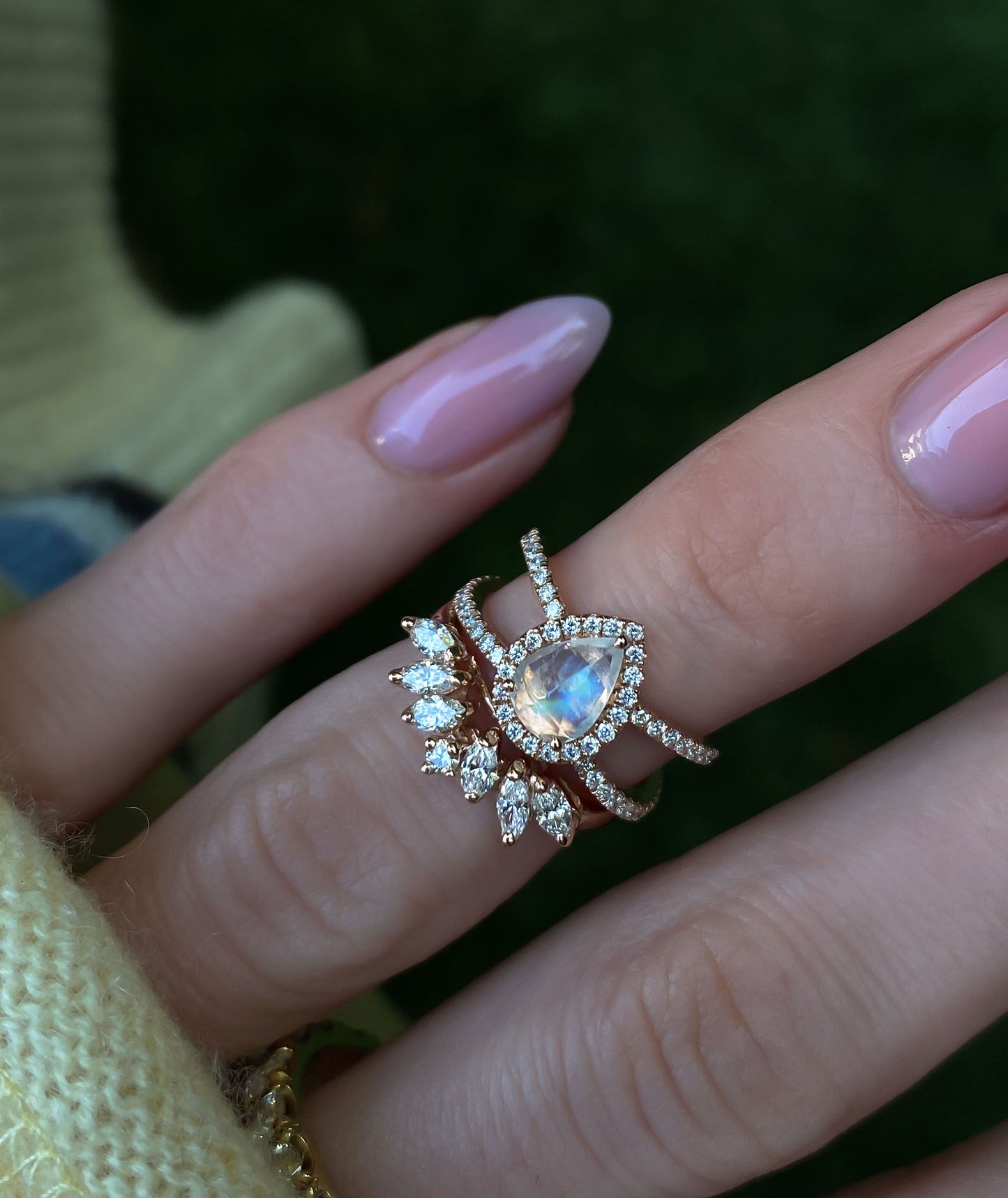 14kt gold and diamond Double Band Teardrop Moonstone ring