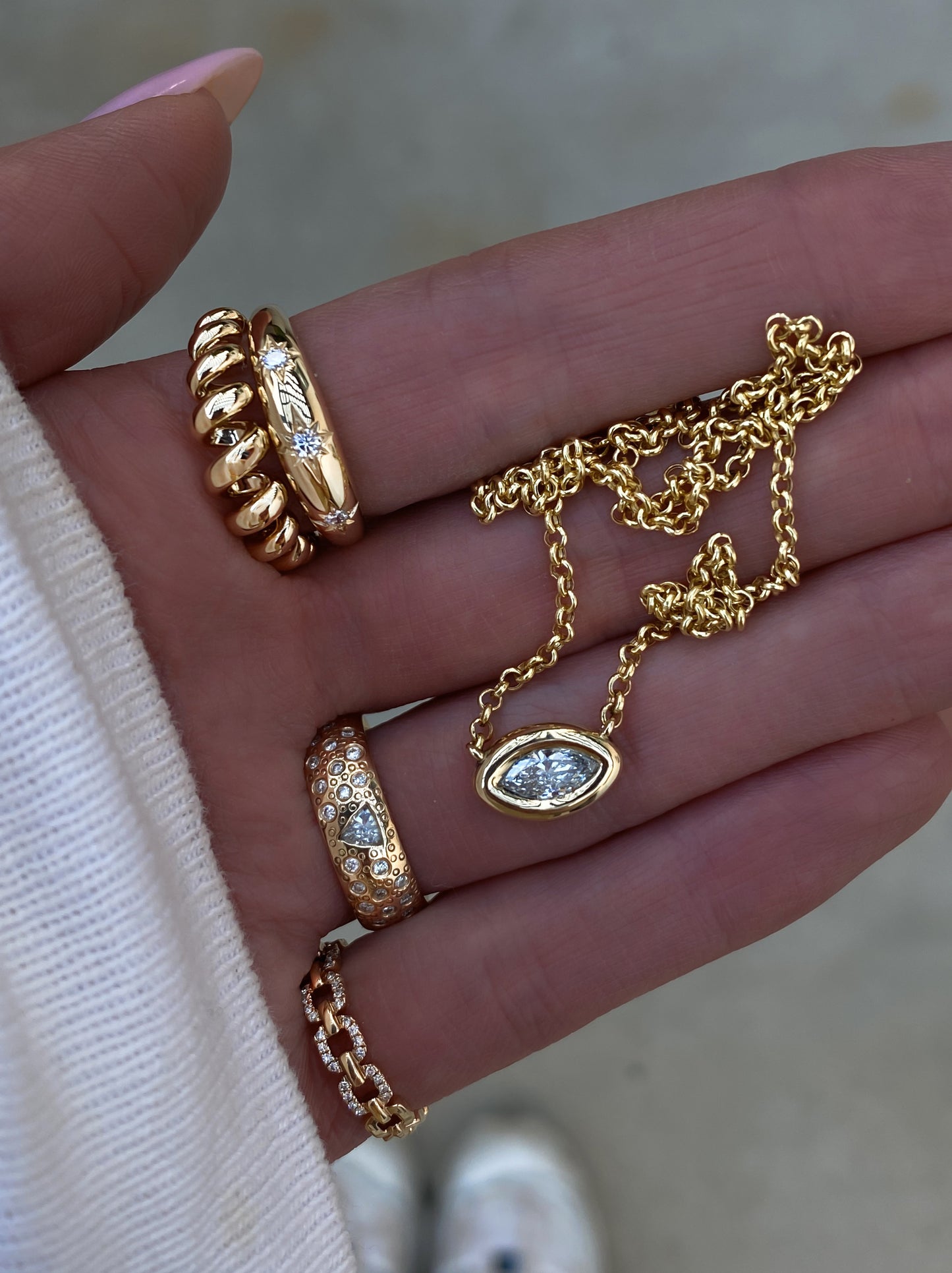 14kt gold baby marquise diamond puffed bezel necklace