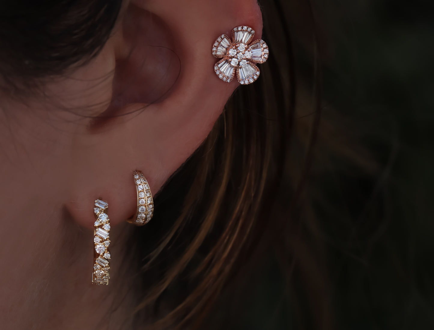 14kt gold leila baguette diamond flower studs