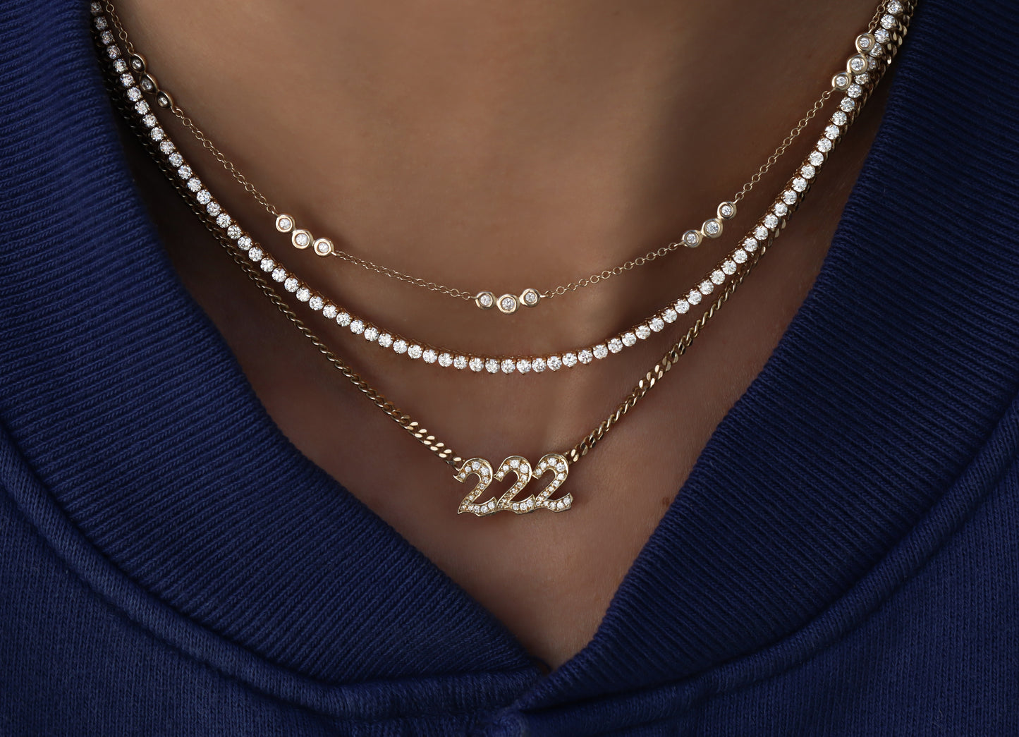 14kt gold three diamond bezel choker necklace
