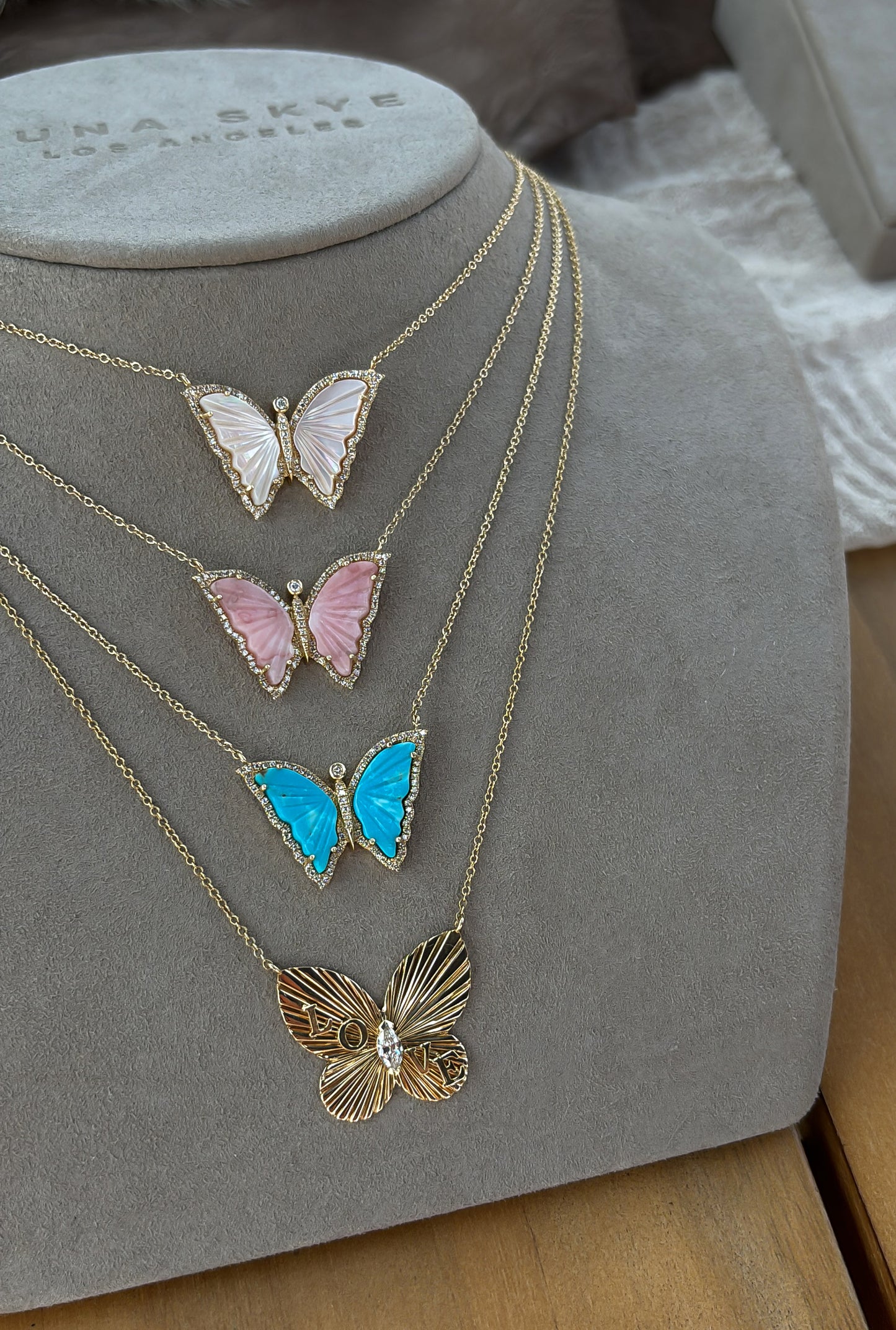 14kt gold and diamond pink opal baby butterfly necklace
