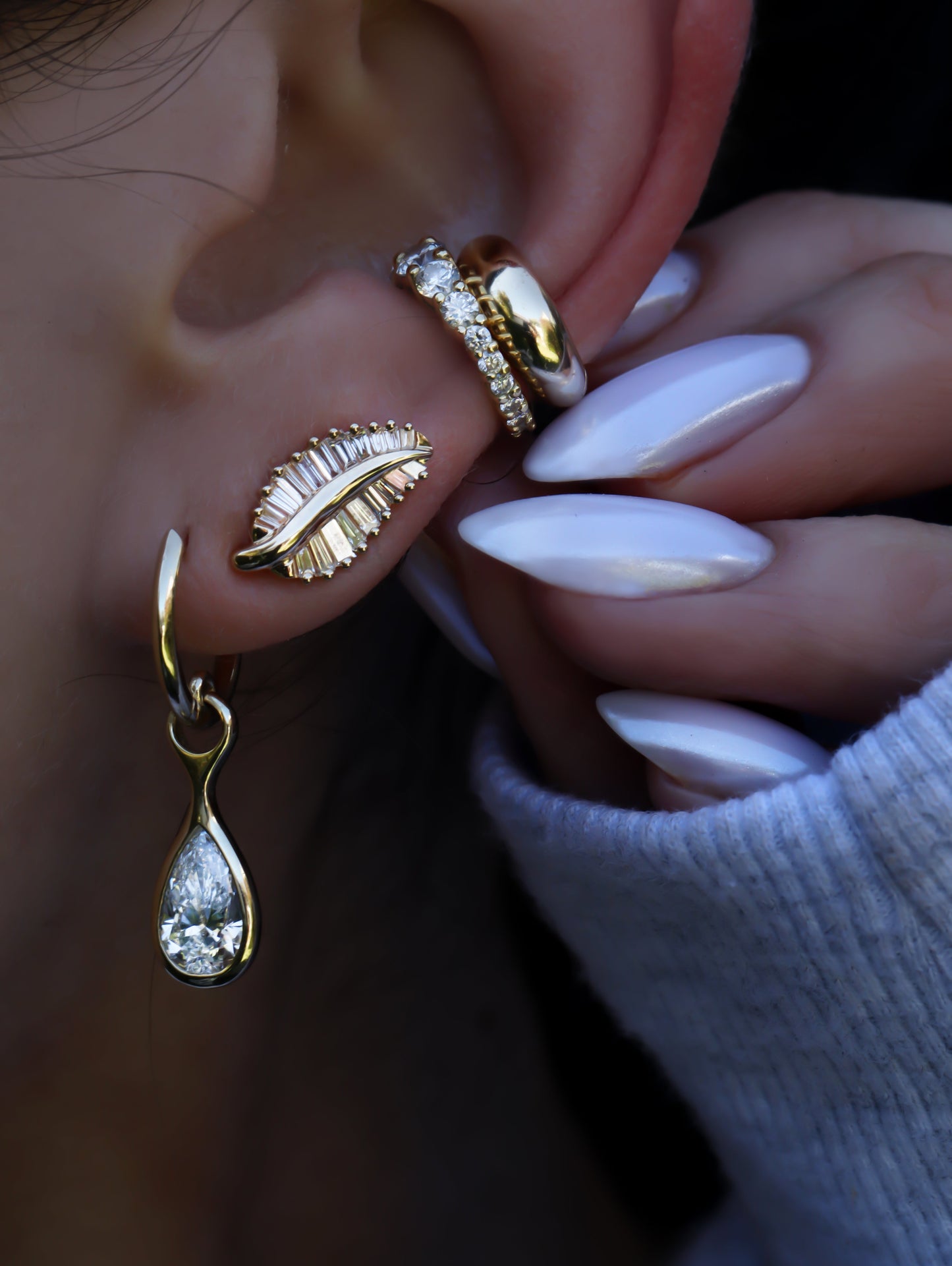 14kt gold teardrop diamond water drop hoops