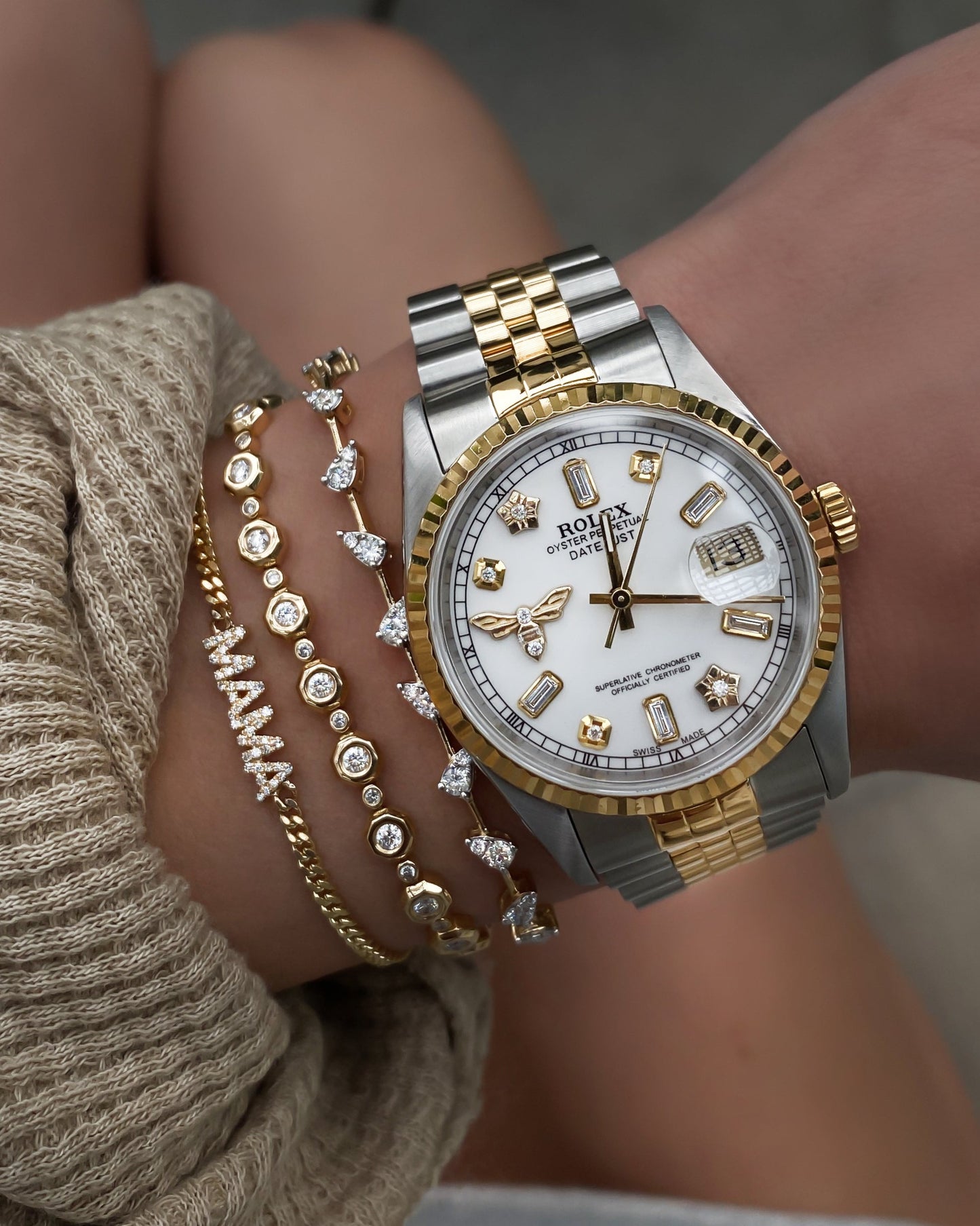 14kt gold and diamond mini mama flat link chain bracelet