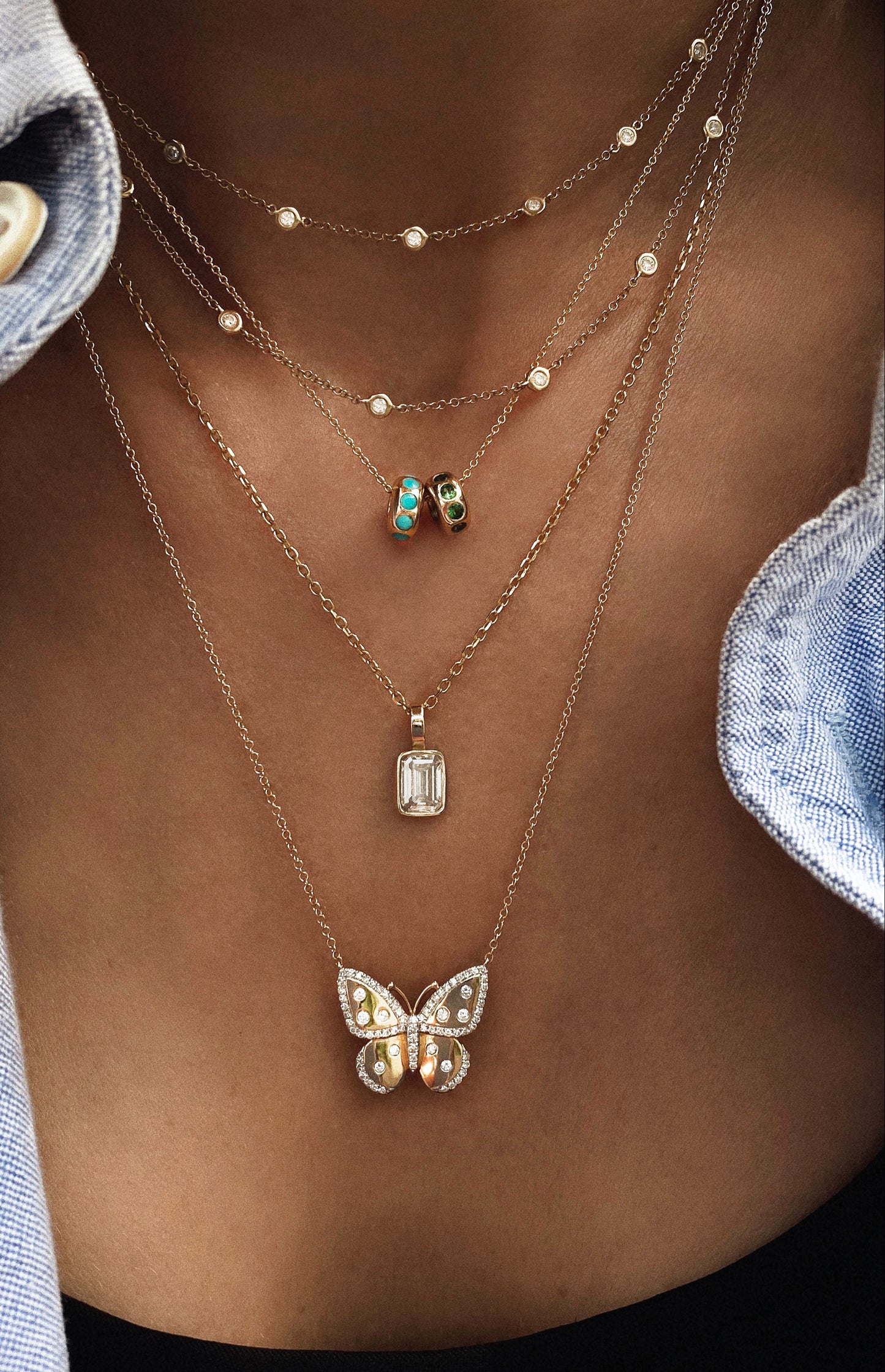 14kt gold emerald cut diamond bezel necklace