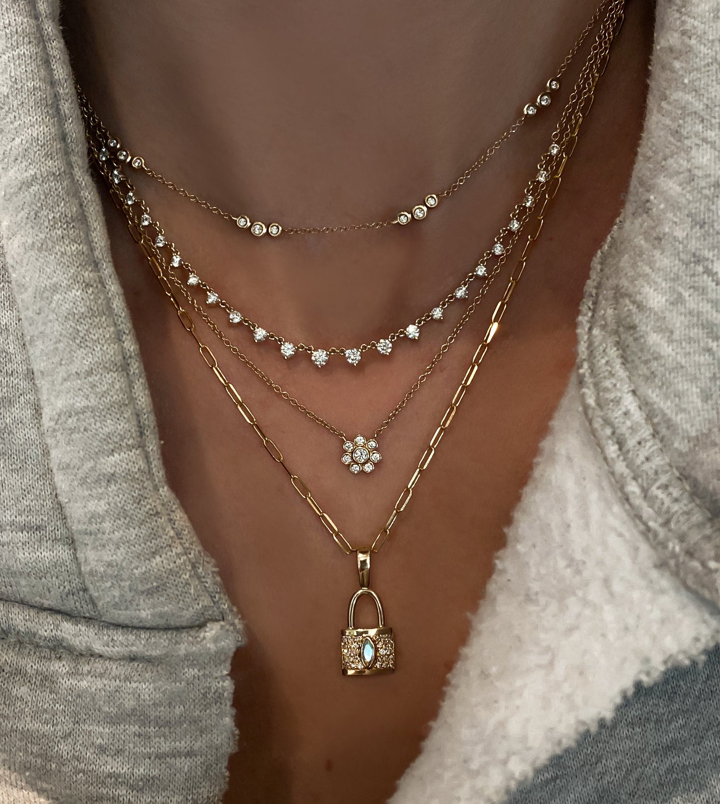 14kt gold full diamond marquise moonstone love lock necklace