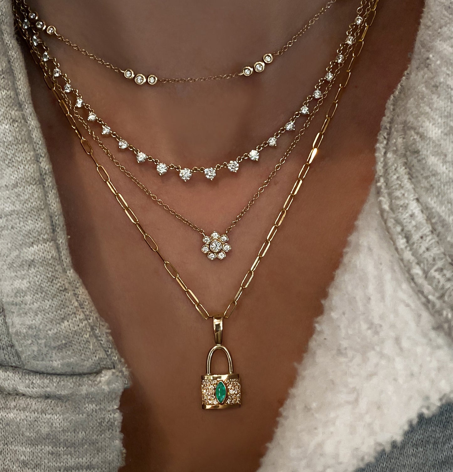 14kt gold full diamond marquise emerald love lock necklace