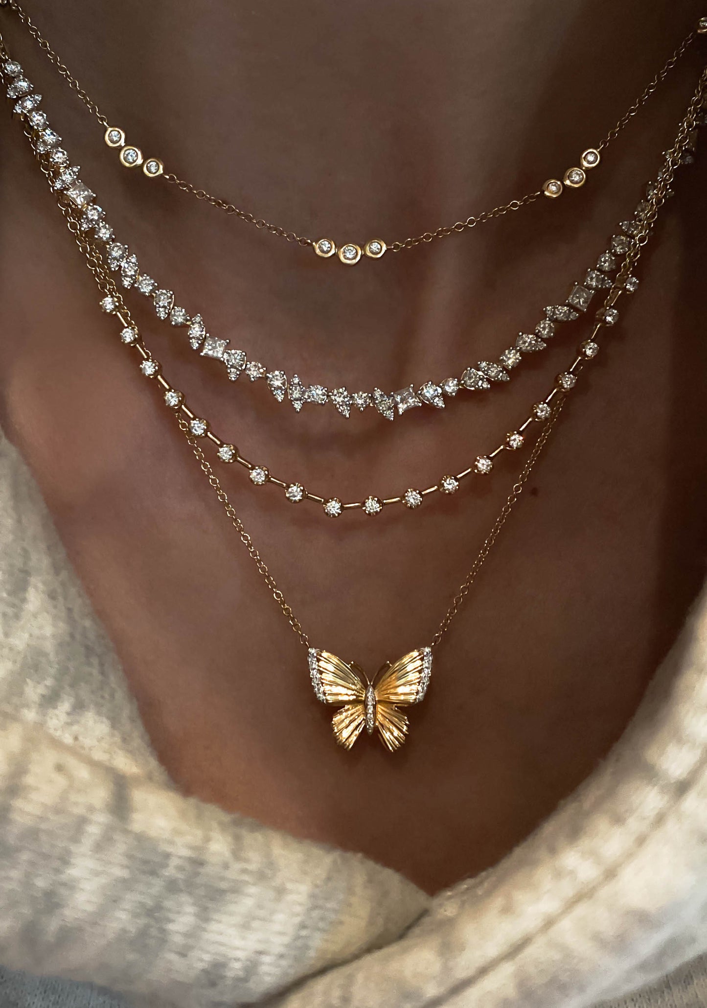 14kt gold and diamond baby butterfly burst necklace