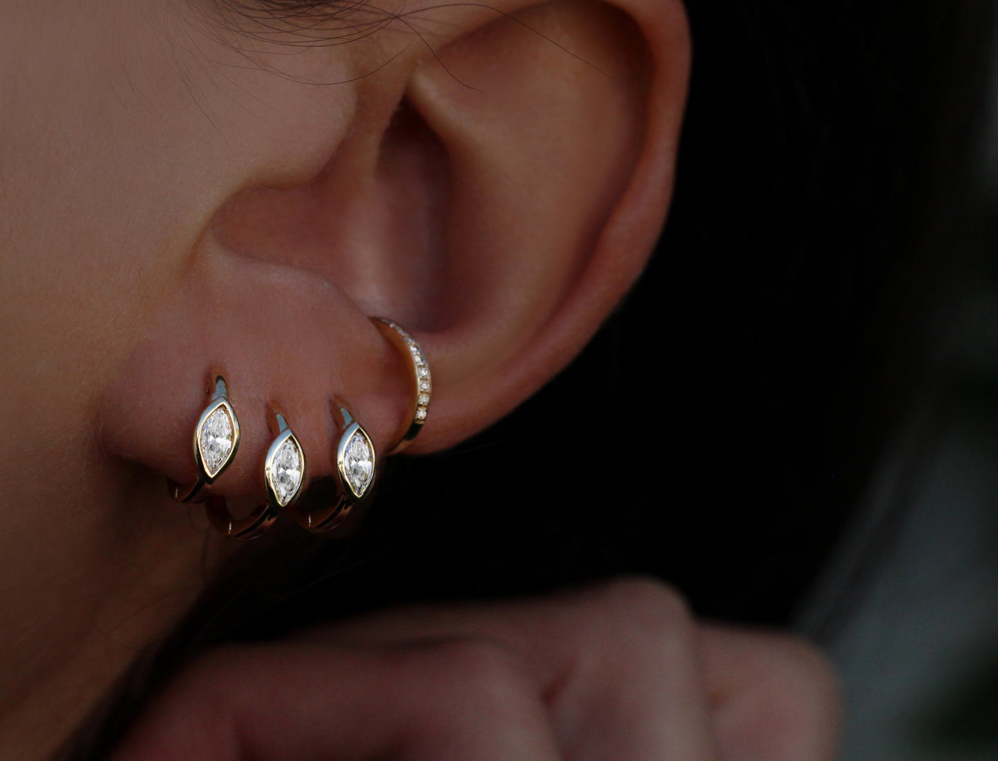 14kt gold marquise diamond bezel hoops