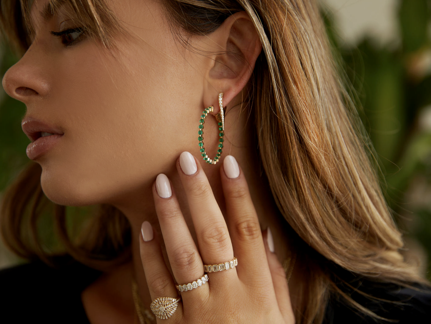 14kt gold floating emerald hoops