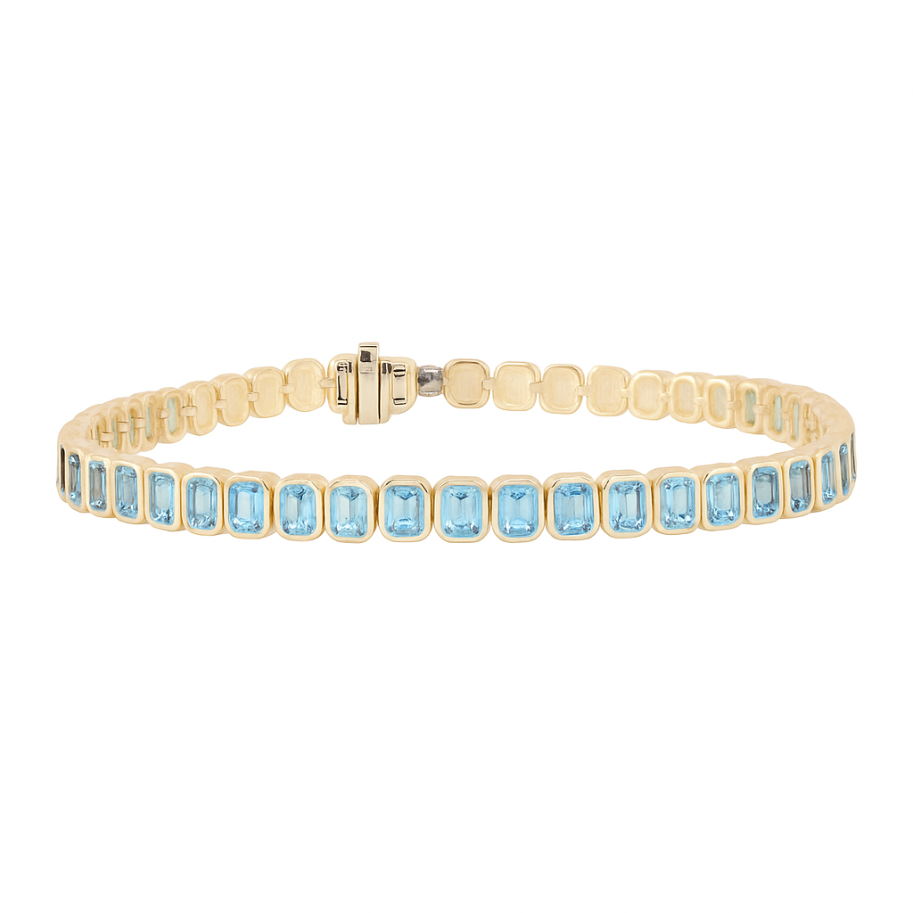 14kt gold emerald cut aquamarine bezel tennis bracelet