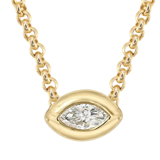 14kt gold baby marquise diamond puffed bezel necklace