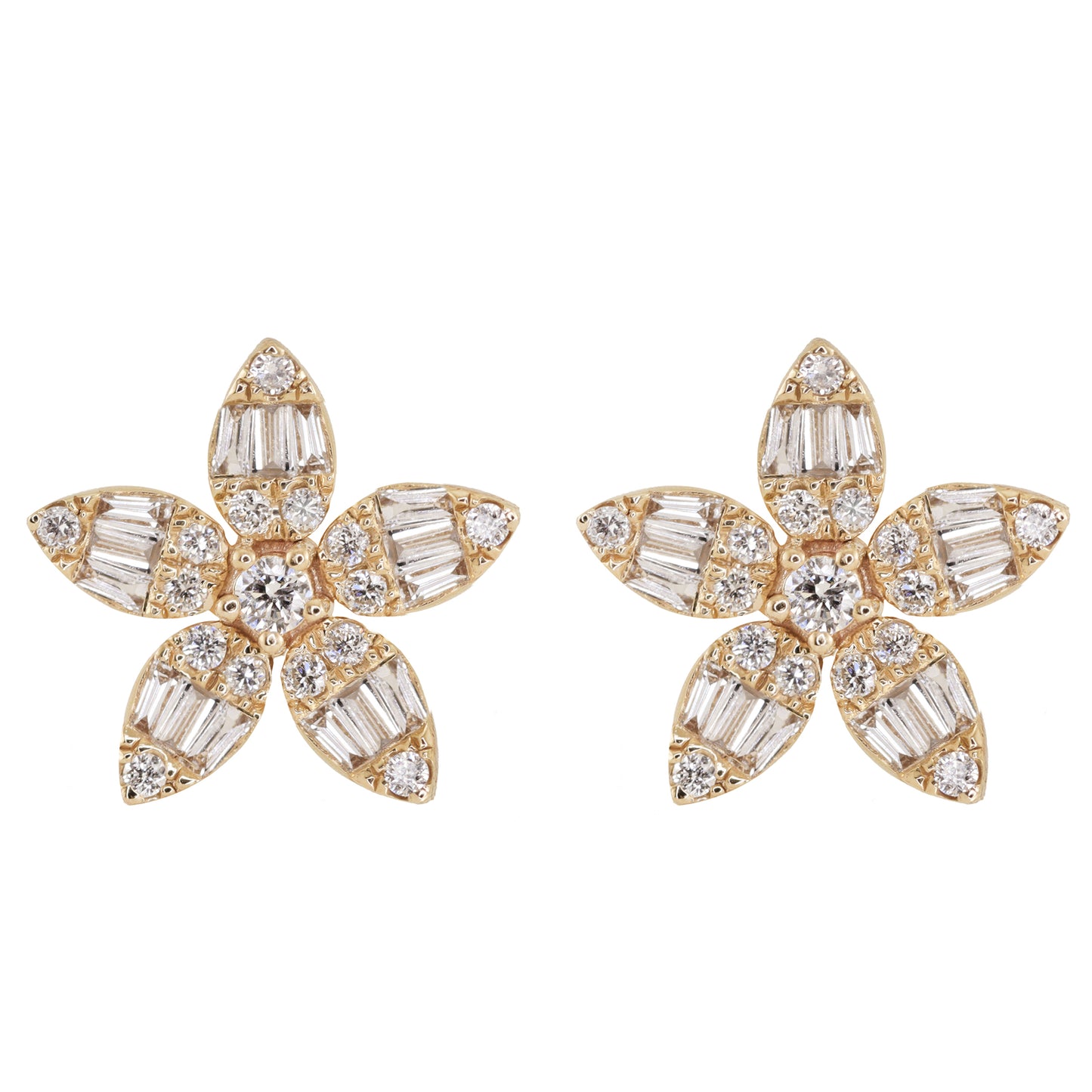 14kt gold baguette diamond blossom stud