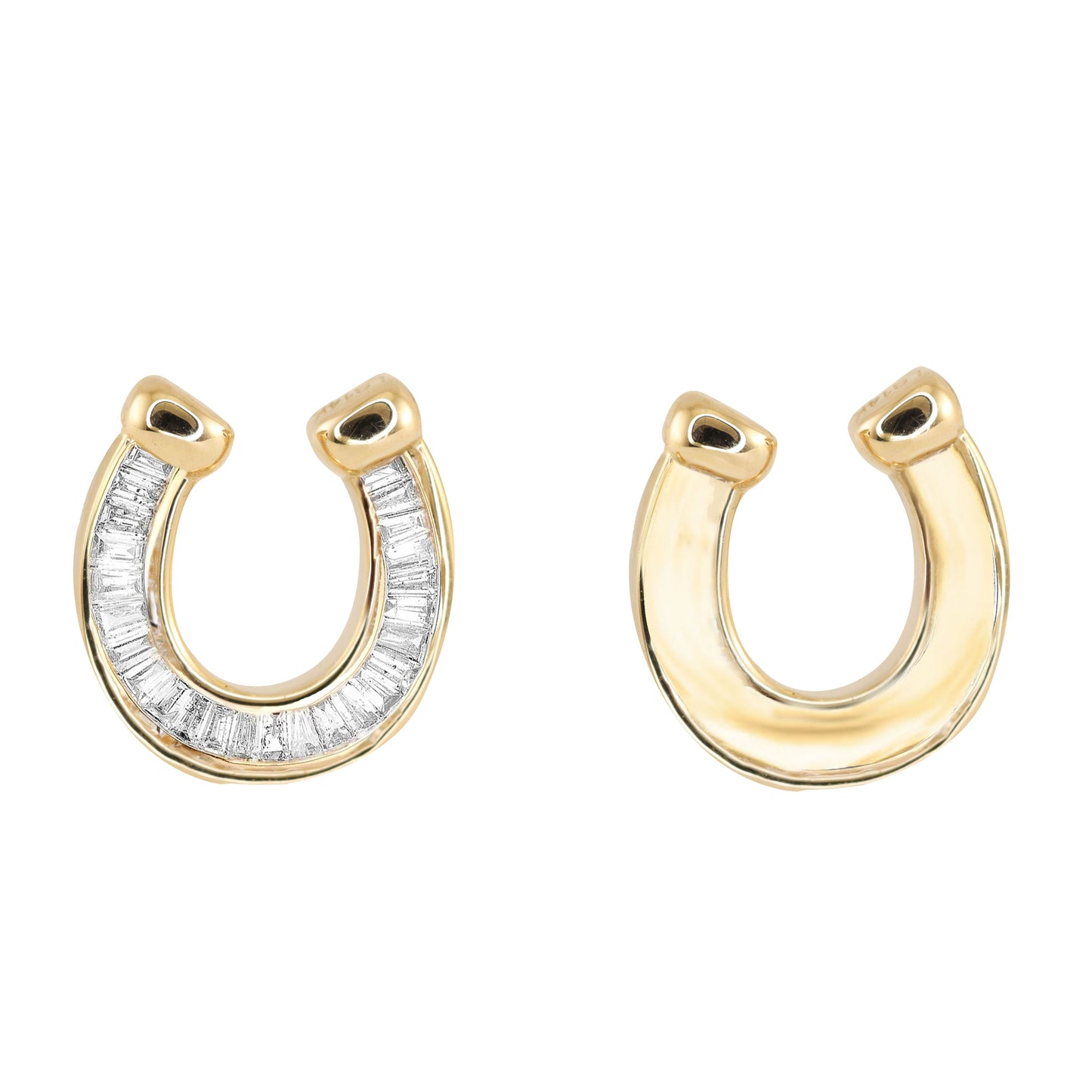 14kt gold split baguette diamond good luck horseshoe studs