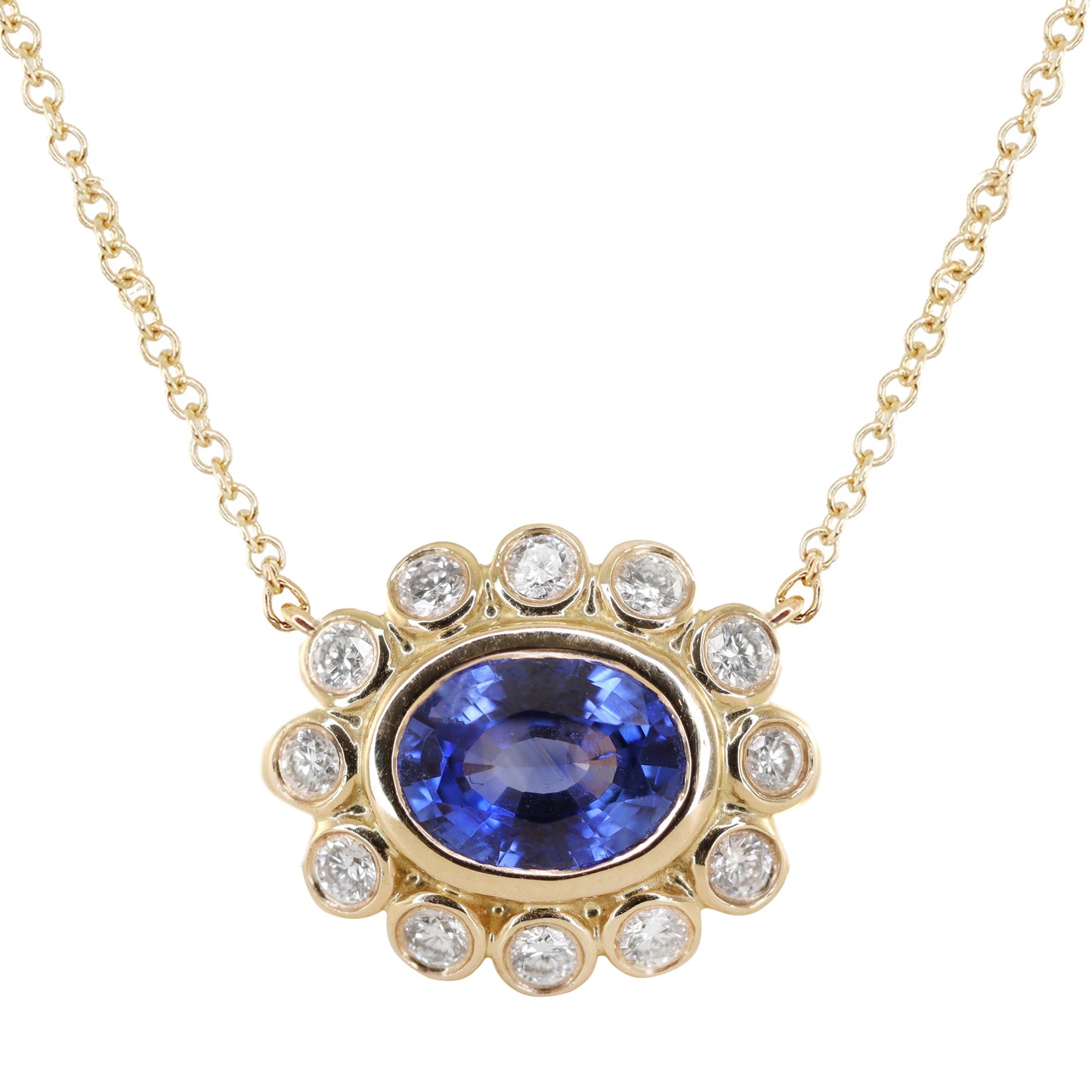 14kt gold and diamond blue sapphire bezel burst necklace