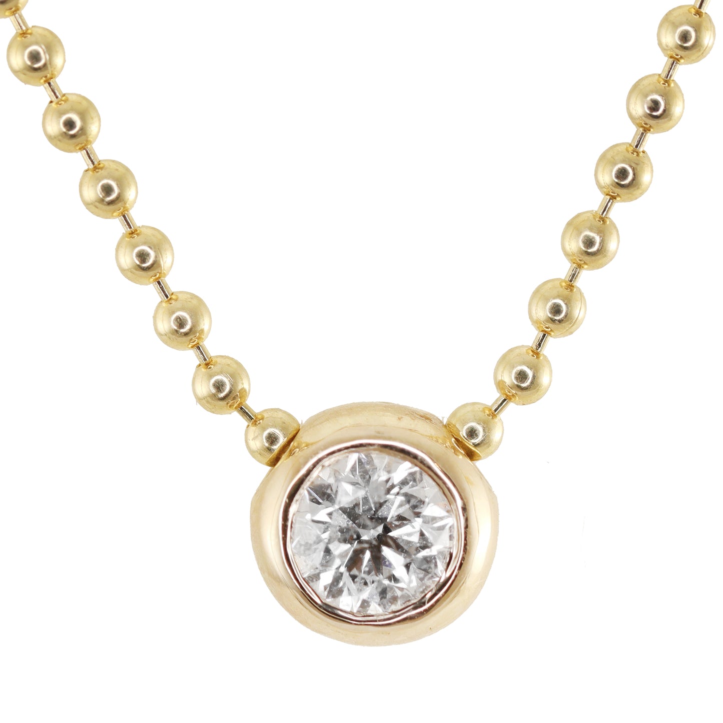 14kt gold round diamond donut bezel necklace on ball chain