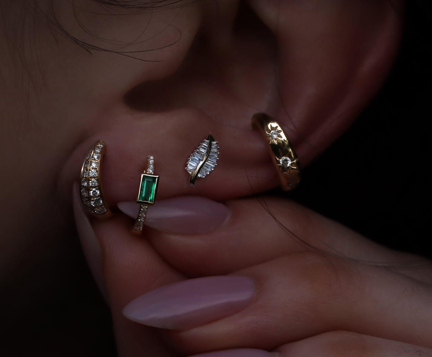 14kt gold diamond emerald baguette mini hoop