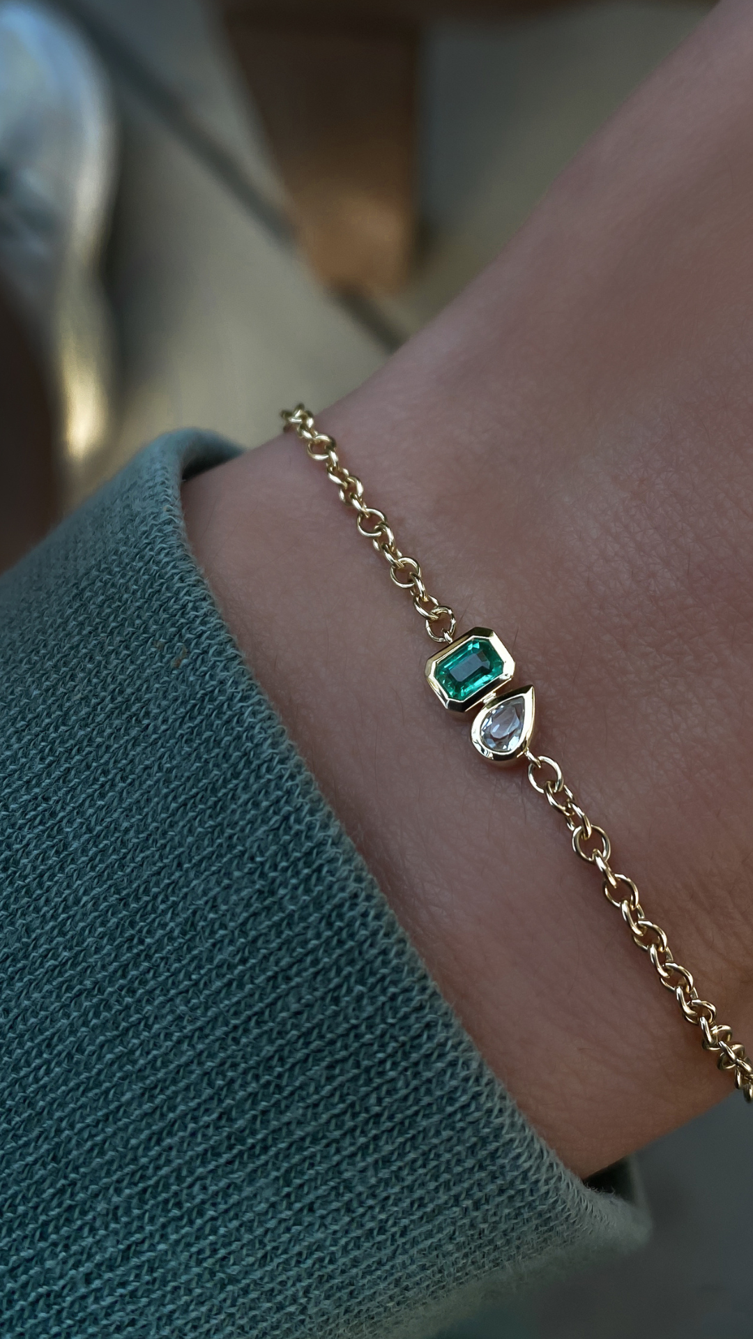14kt gol emerald and white sapphire duo bezel bracelet