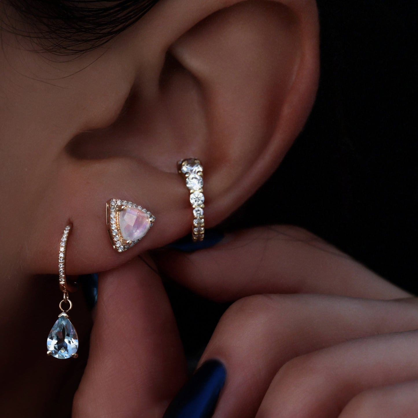 14kt gold and diamond trillion moonstone studs