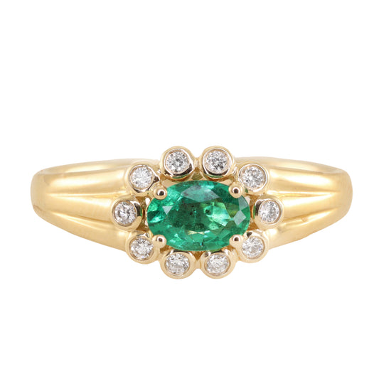 14kt gold and diamond emerald bezel baby burst ring