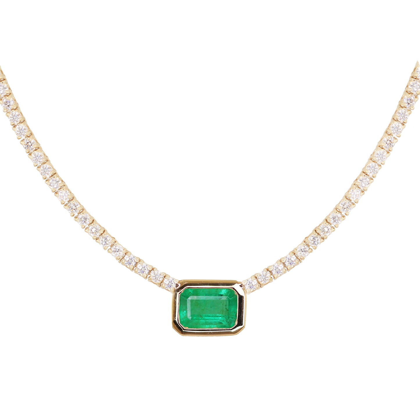 14kt gold emerald bezel diamond classic tennis necklace