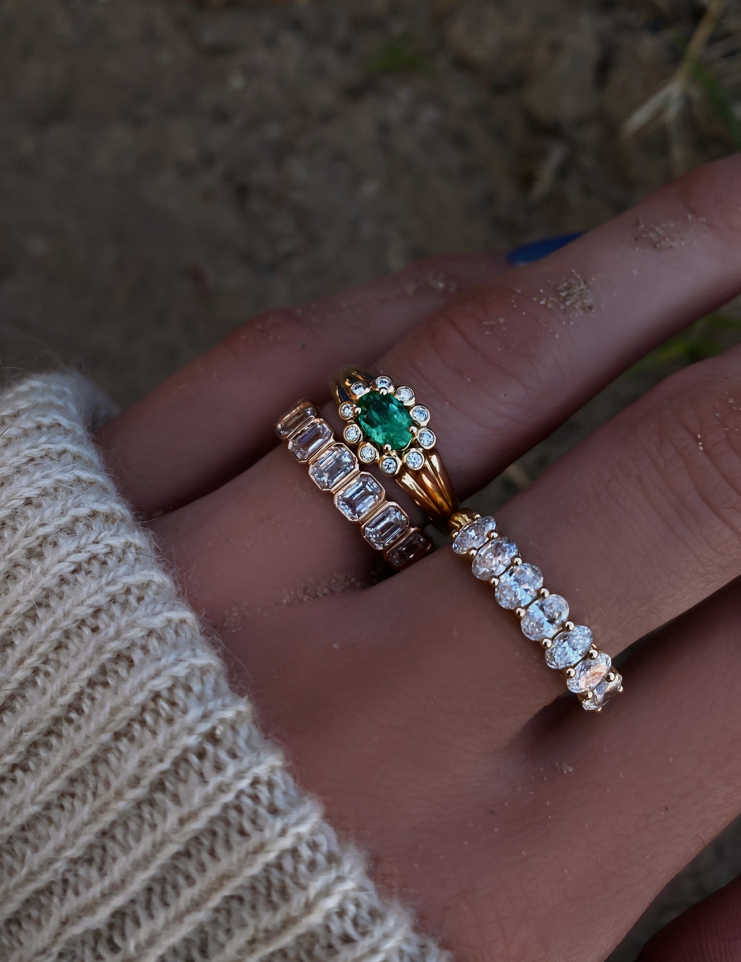 14kt gold and diamond emerald bezel baby burst ring