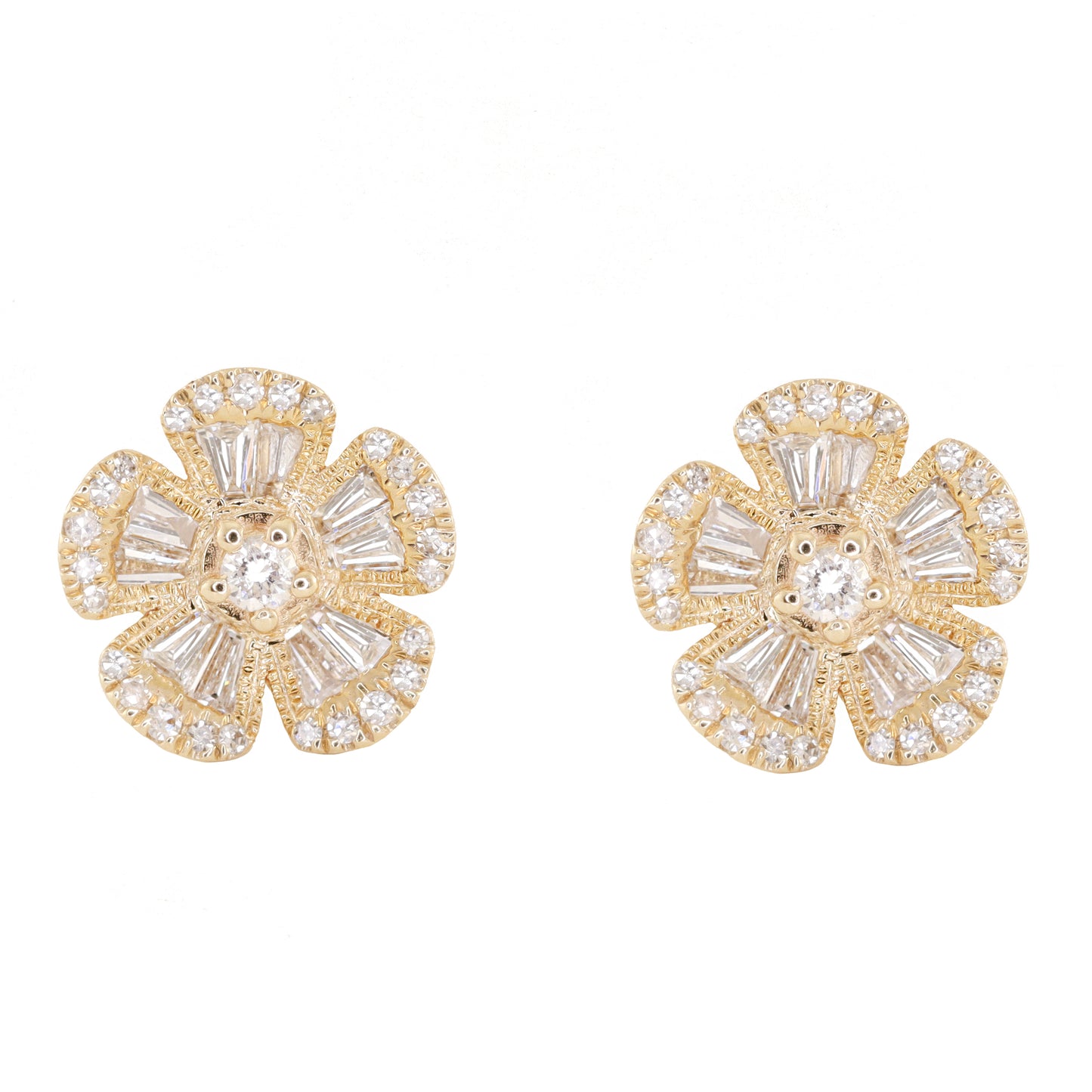 14kt gold leila baguette diamond flower studs