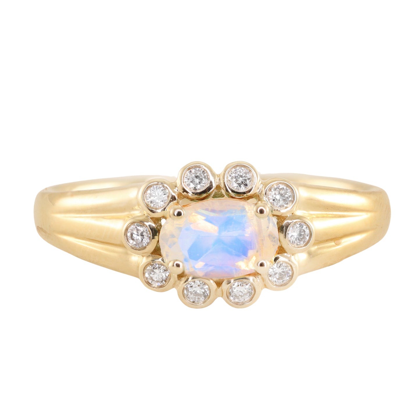 14kt gold and diamond moonstone bezel baby burst ring