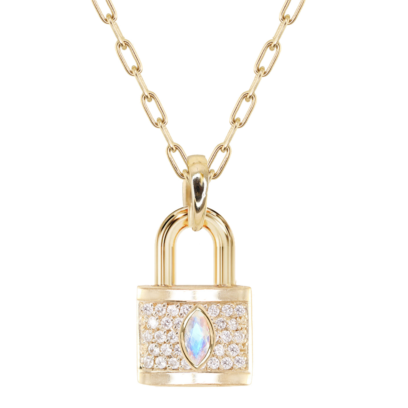 14kt gold full diamond marquise moonstone love lock necklace