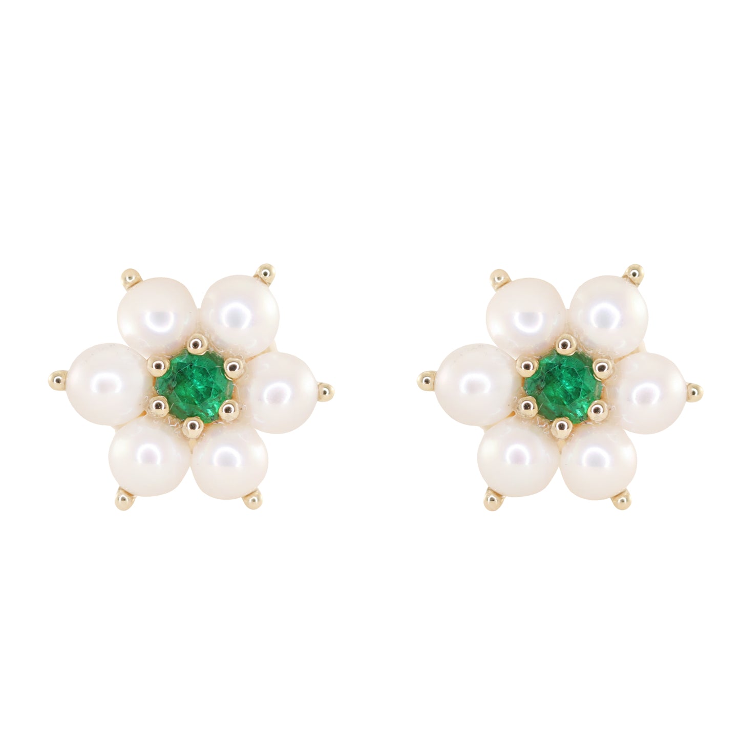 14kt gold emerald pearl flower stud