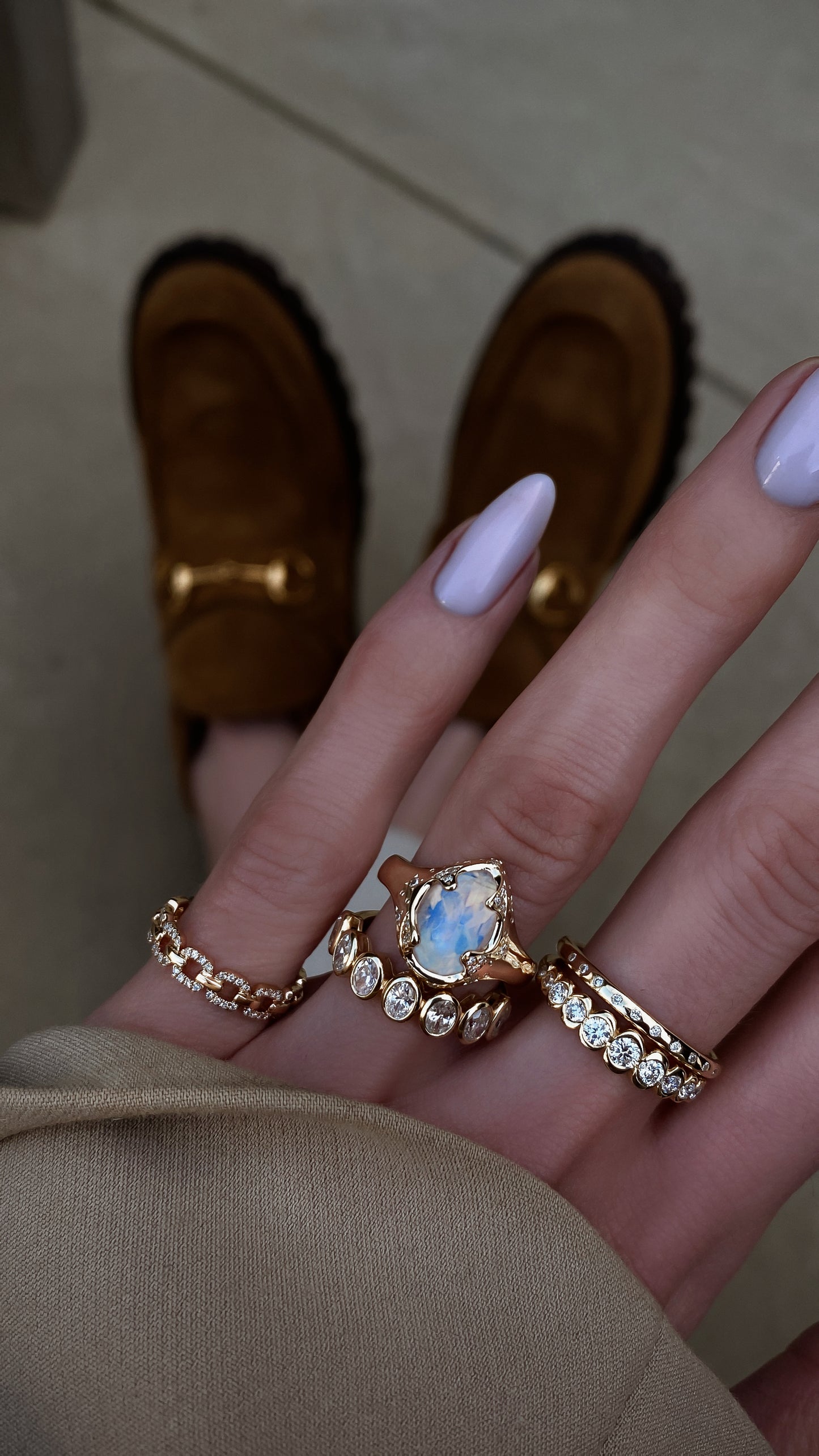 14kt gold and diamond moonstone claw ring