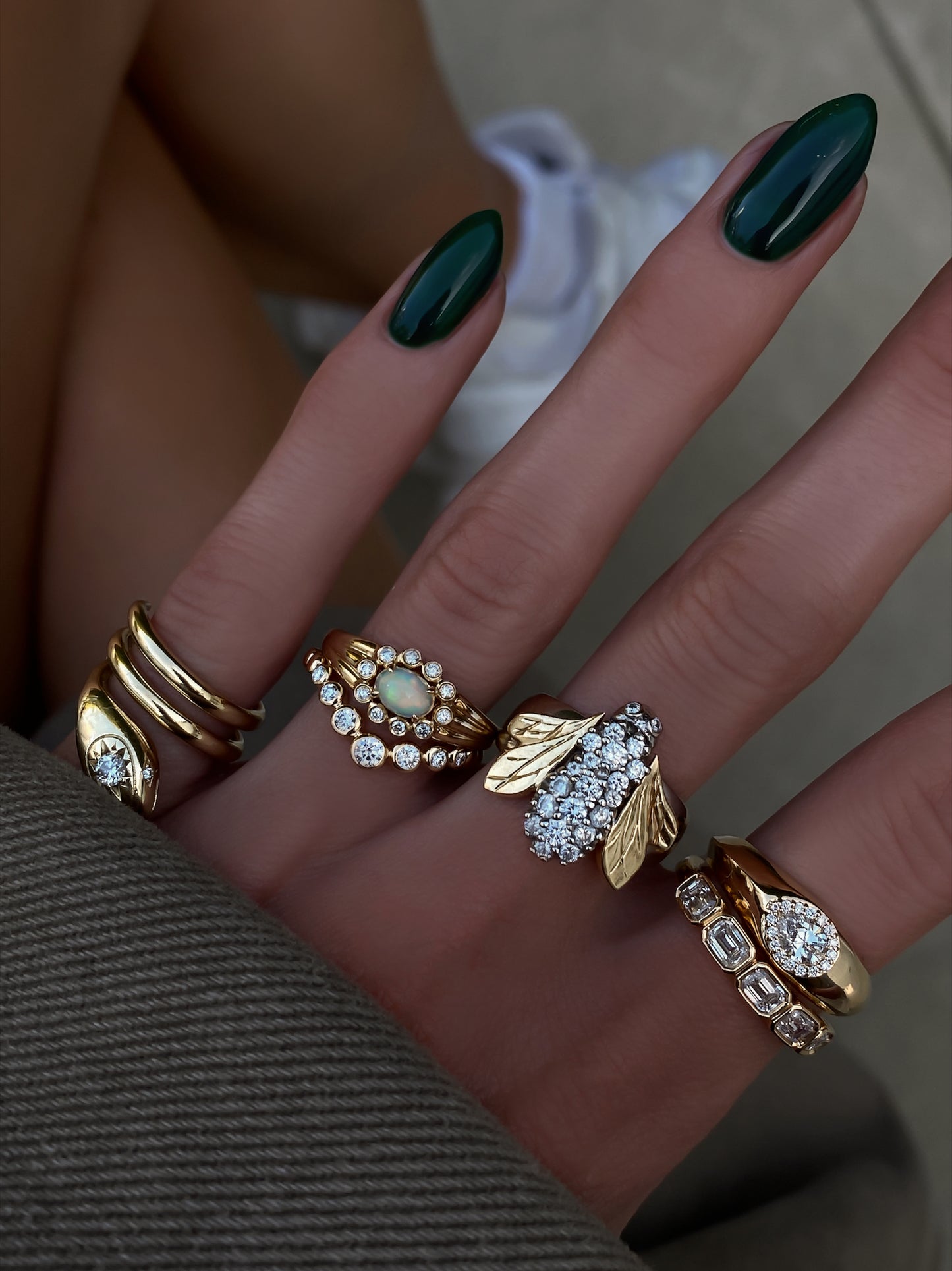 14kt gold and diamond opal bezel baby burst ring